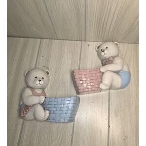 Vintage Homco Teddy Bear Wall Pockets Baby Nursery Wall Decor Blue Pink